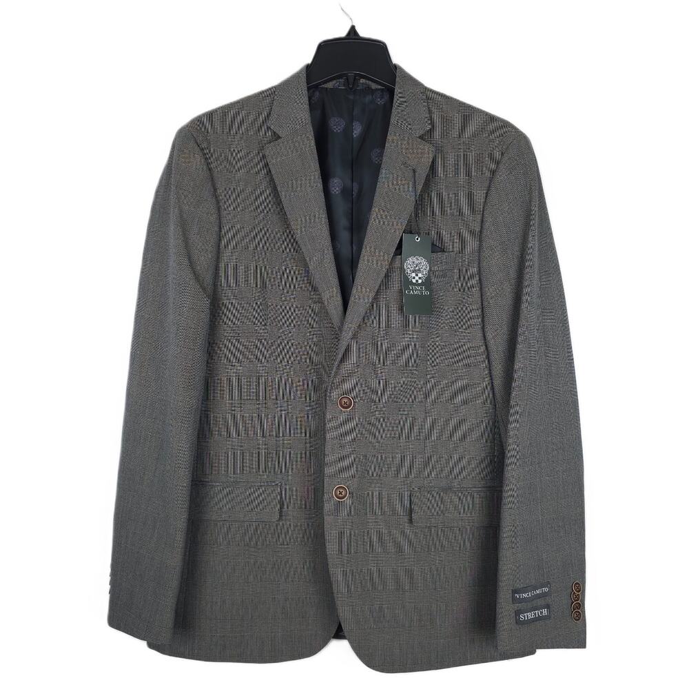 Vince Camuto Mens Slim Fit Suit Jacket Blazer 48L Grey Plaid Super Stretch NWT